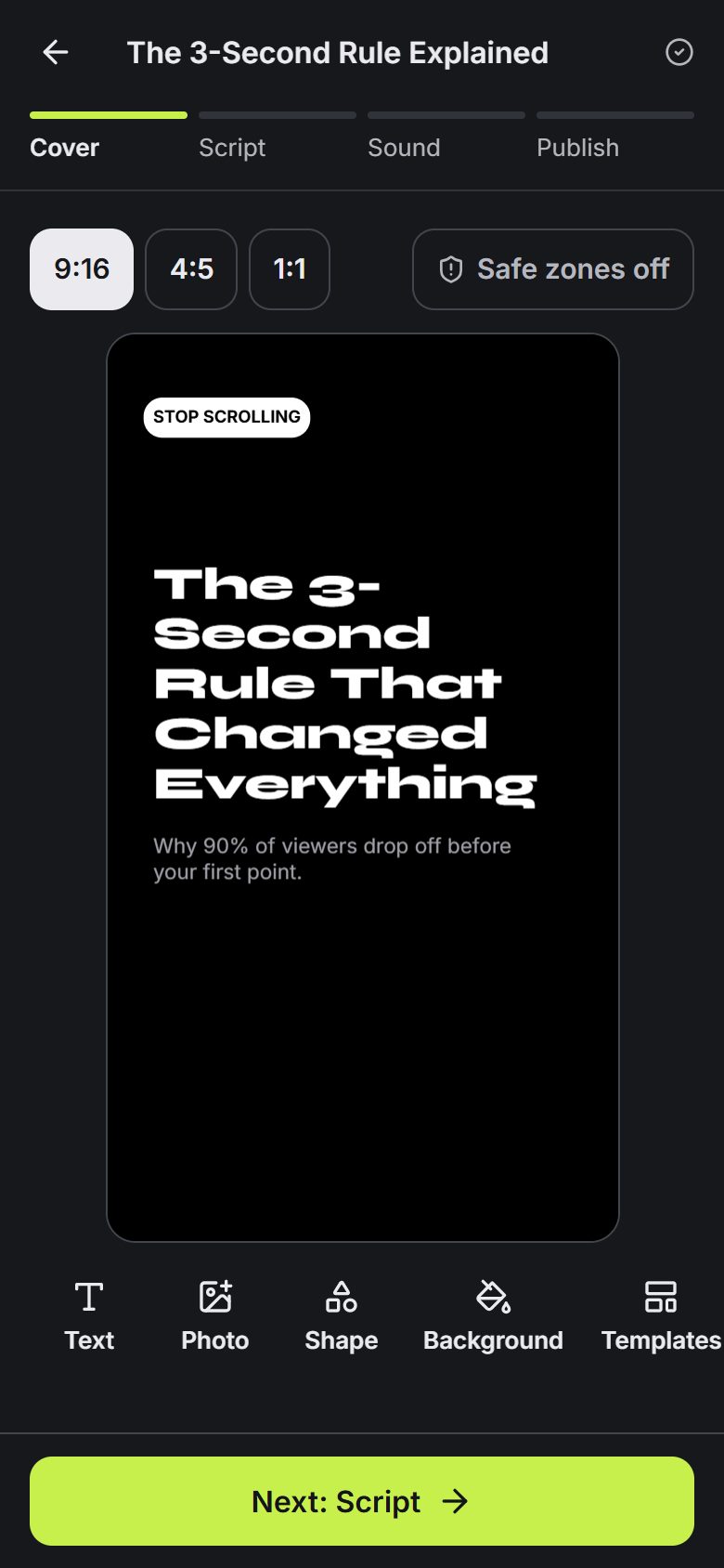 Pijart cover editor on a phone, showing a bold cover titled 'The 3-Second Rule That Changed Everything'